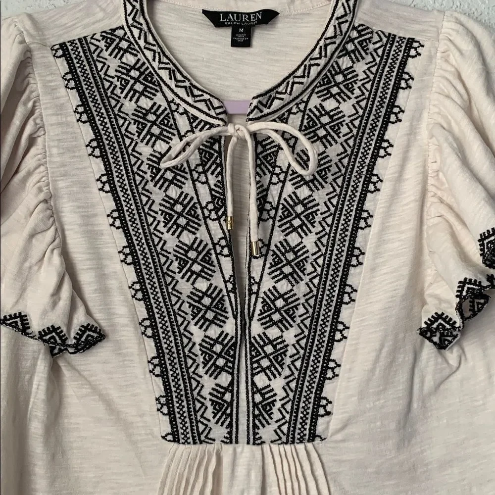 Lauren Ralph Lauren Embroidered Ruffle Trimmed Tie Banded Top Blouse Size M